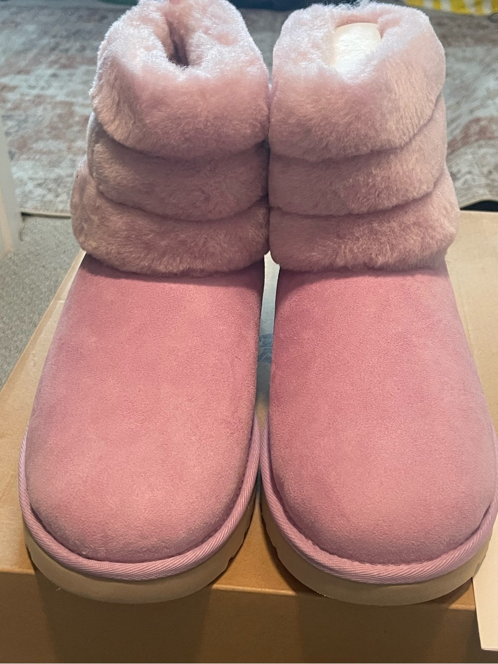 UGG Pink Plush Short Puff Cuff Booties